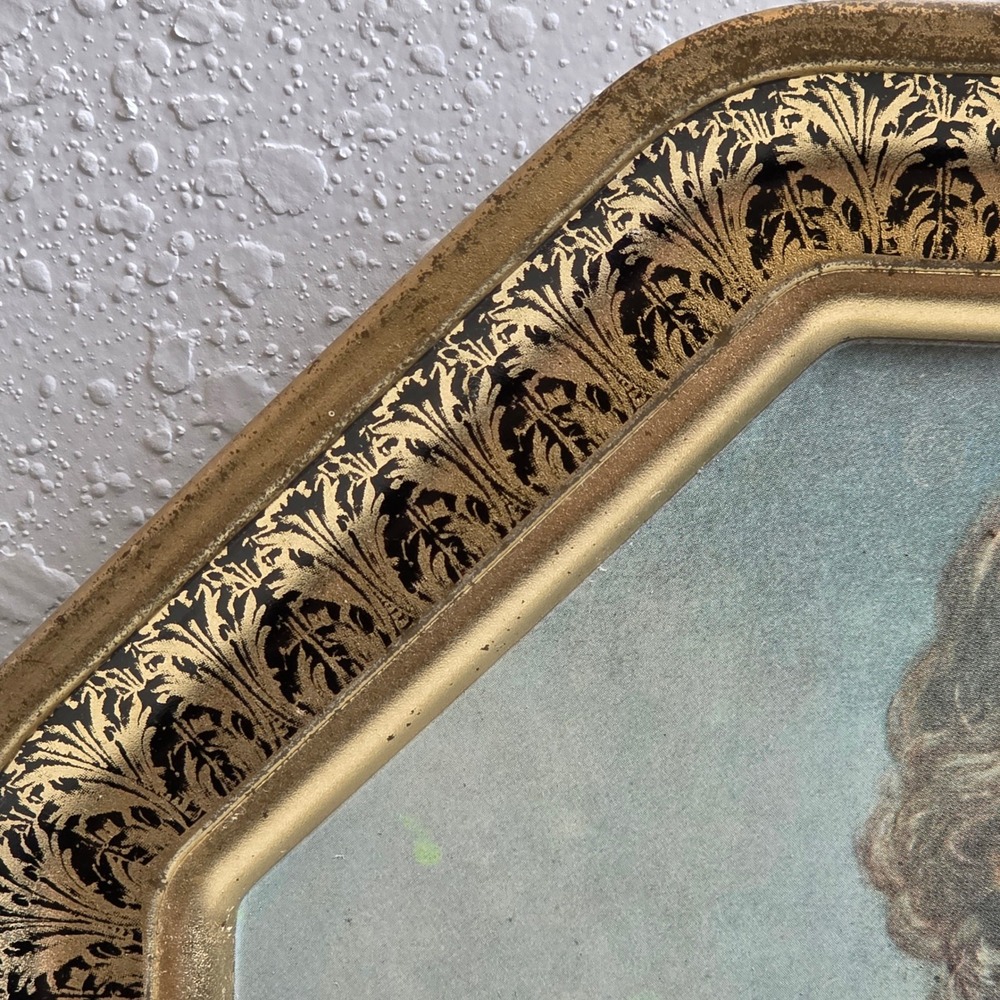 Vintage Octagonal Metal Portrait Boy with‎ Dog Gold Filigree Border - Picture 2 of 12